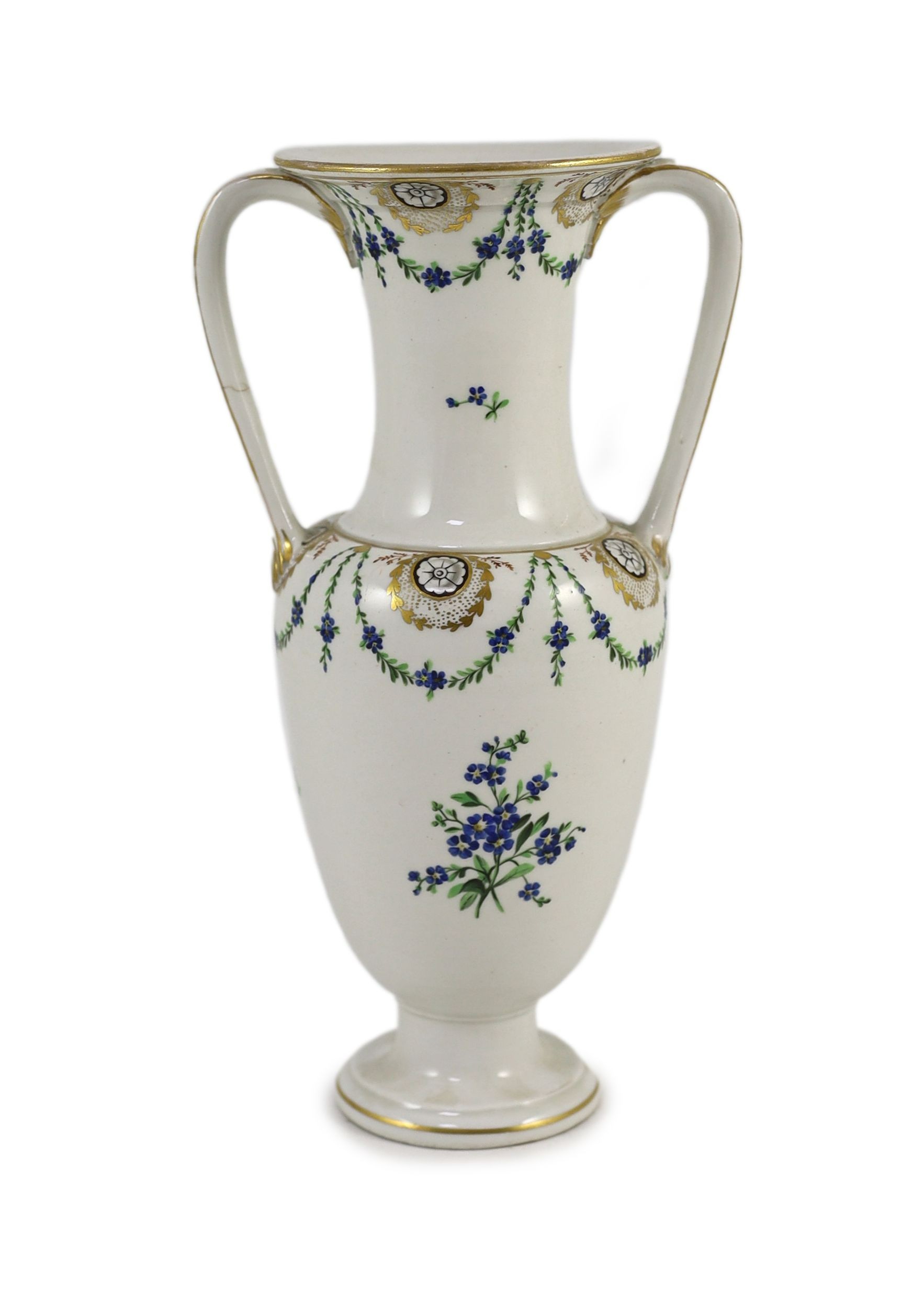 An Imperial Vienna porcelain factory twin handled vase, early 19th century, 23.5cm high, crack to one handle
